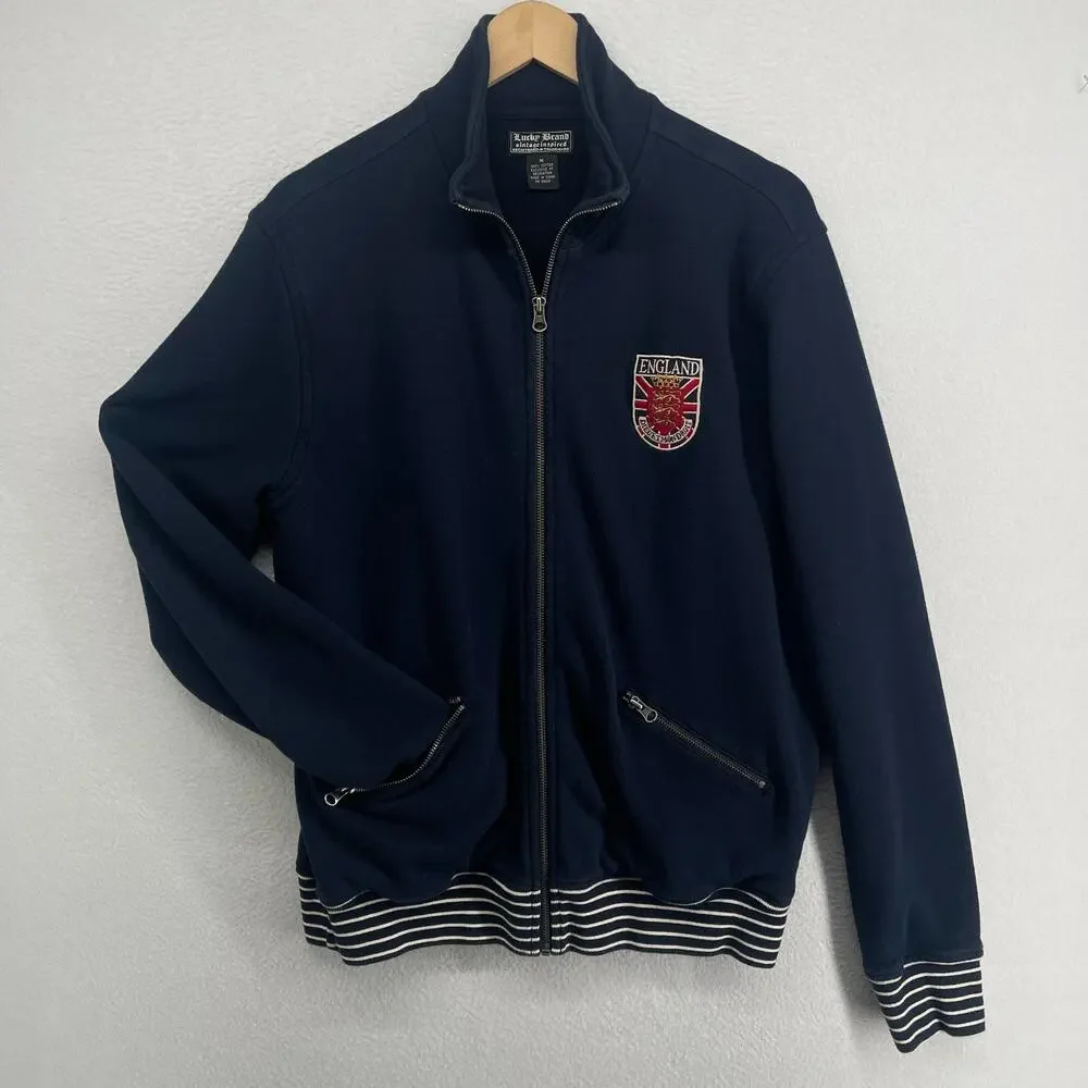LUCKY BRAND Jacket Mens M ENGLAND 57 Crest Patch Track Terry Full Zip Blue Vtg